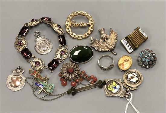 Two silver and enamelled medallions, three other medallions and a group of costume jewellery.